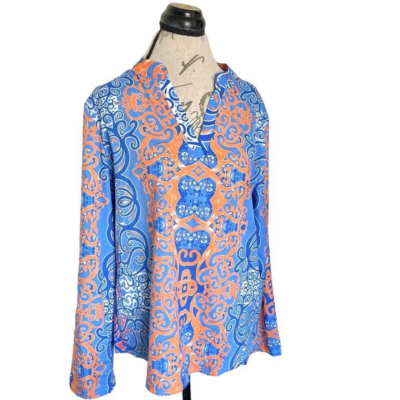Y2k Womens Blouse Paisley Plus Sz 2XL V Neckline 3/4 Button Tab Artsy Colorful - Picture 2 of 13